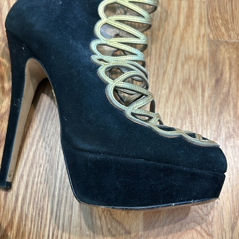 Charlotte Olympia Zena Black And Gold Suede Stiletto  Bootie Size 37 women’s - Picture 12 of 14